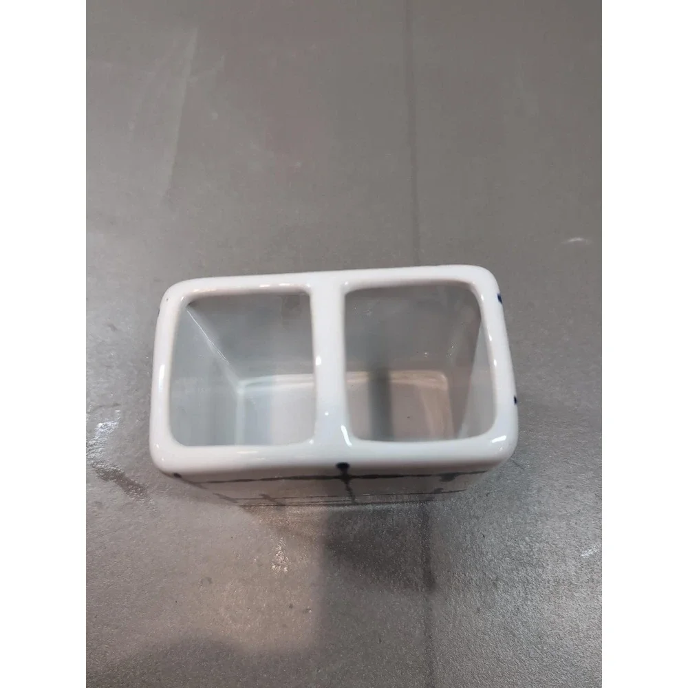 DKNY 3 Piece Ceramic Bath Set Blue Grid Soap Dispenser Toothbrush Holder Dish